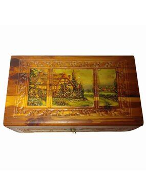 Vintage Wooden Jewelry Box Keepske Storge Mirror Cottage Scene Design Decor